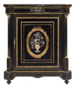 A Victorian ebonised, pietra dura, brass inlaid and gilt metal mounted pier cabinet:,