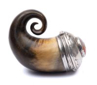 A 19th century Scottish horn and silver mounted snuff mull: inscribed,