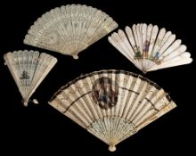 A Regency period fan: the silk leaf with central cartouche of neo-classical figures within a sequin