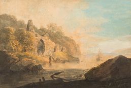William Payne [c.1755-1830]- Ruined abbey by a shore,:- signed bottom right watercolour, 19.