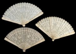 A 19th century Cantonese ivory brise fan: carved to a single side with figures in a pagoda