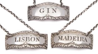 A set of three George III silver wine labels, maker Hester Bateman, London, unknown date: 'Lisbon',