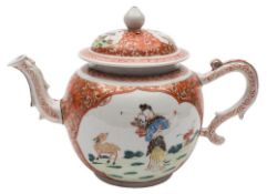 A Chinese famille rose/verte teapot and cover: painted to each side with an elegant lady and a deer