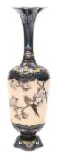 A small Japanese shibayama ivory and enamelled silver vase: the ivory body inlaid with a bird and