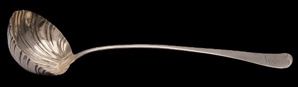 A George III silver Hanoverian pattern soup ladle, maker's mark worn, London, 1766: crested,