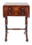 An early 19th Century mahogany drop flap work table:, the hinged top with rounded corners,