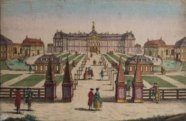 Vu du Optique : Versailles, hand coloured copper engraving 27.5 x 40cm.