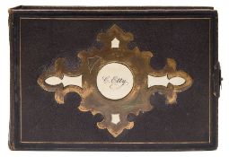 A Victorian brass and ivory inlaid photograph/CDV album:, inscribed 'C Etty' to cover.