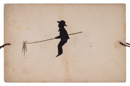 A hand cut silhouette and ink thaumatrope of a boy with carrots on a stick riding a donke:,