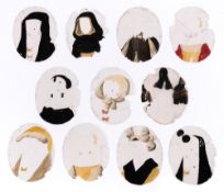 A group of eleven early 19th century oval mica hand painted transformation slides:,