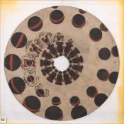 An 11 1/2 inch zoetrope base card of a firing cannon:, hand coloured in red and black, unsigned.