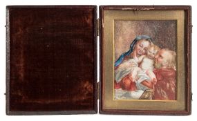 A Victorian watercolour on ivory portrait of parents bathing an infant:, unsigned,
