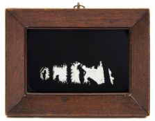 An early 19th century mirrored reverse glass silhouette of fruit pickers:,