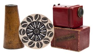 A 19th century paper covered conical kaleidoscope:, 15cm high,