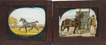 Two early 19th century hand finished glass lantern slides:, an old farmer with horse and cart,