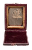 An early English daguerreotype of a woman wearing a lace bonnet, photographer unknown:,