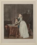 A 19th century polychrome engraving of a woman and child at a table with a zograsope:, unsigned,