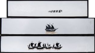 A group of three rare French panoramic silhouette magic lantern slides:, one of a fleet of boats,