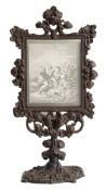 Lithophane Plaque and Stand : depicting two boys and a dog, pierced metal stand with candle holder,