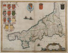 BLAEU, Jan - Cornwall : hand coloured map, 490 x 385 mm, Latin text, f & g, c1645.