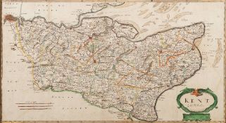 MORDEN, Robert - Kent : hand coloured map, 640 x 350 mm, stained oak frame, c1695.