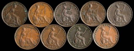 George IV nine assorted copper farthings: various dates including 1821,1823, 1826,