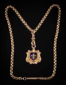 A 19th century Albert: the clasp stamped '9c' with attached 9ct gold enamelled cartouche pendant