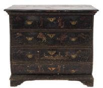An 18th Century black lacquer and chinoiserie bombe fronted chest:, decorated with ships, pagodas,