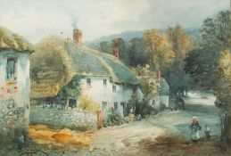 Alfred Leyman [1856-1933]- Gittisham Village; thatched cottages and figures in the road,:- signed,