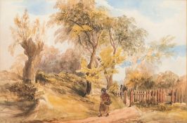 David Cox Junior [1809-1885]- Landscape at Streatham; rural scene with a figure on a path,:- signed,