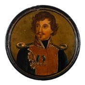 A 19th century papier mache snuff box: the circular lid decorated with a portrait of a military