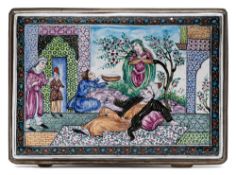 A 19th century Cantonese enamel cigarette case for the Arabic market: the hinged lid decorated with