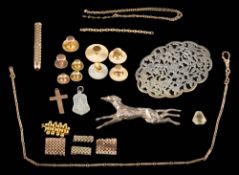 Various items to include a greyhound brooch: stamped 'Silver', five gold dress studs, a gold chain,