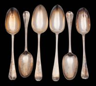 Six Georgian silver Hanoverian pattern tablespoons, various makers and dates: initialled or crested,