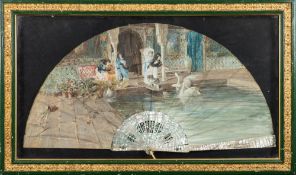 After Palmaroli a 19th century Spanish mother of pearl fan: the paper leaf decorated with a scene