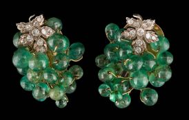 A pair of emerald bead and diamond mounted ear clips: each in the form of a bunch of grapes with