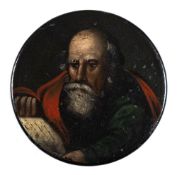 A 19th century papier mache snuff box: the circular lid decorated with a portrait of a bearded