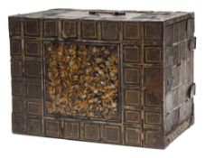 A Japanese 'Nanban' portable lacquer and shagreen cabinet: the hinged door enclosing three drawers,