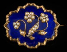 A 19th century blue enamelled, seed pearl and diamond mourning brooch: of floral motif design,