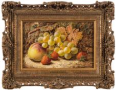 Oliver Clare [1853-1927]- Still life, grapes, strawberries and a peach on a mossy bank,