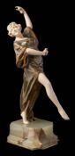 Rossi (20th Century Italian) A bronze and ivory dancer: arching backwards with right leg raised,