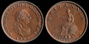 George III, a bronzed proof farthing: 1799 (1).