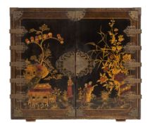 A Chinoiserie black lacquer and engraved brass mounted cabinet:,
