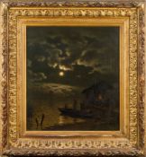 Georg Genschow [1828-1902] - Moonlit coastal scene, fishing lodge,