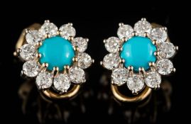 A pair of turquoise and diamond mounted circular cluster ear-clips: each with a central round