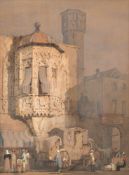 Samuel Prout [1783-1852]- Coach and figures in a street scene, possibly Prague,:- signed S.