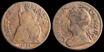 Charles II, farthing carol/A variety: 1673 (1).