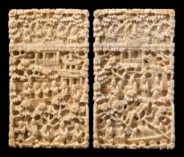A late 19th century Cantonese carved ivory card case: of rectangular traditional design of figures