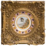 A pair of French porcelain plates: each painted with figures in a landscape and within pink and