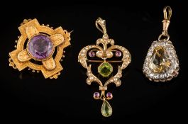 A gold, citrine and diamond 'keystone-shaped' cluster pendant brooch,: a peridot,